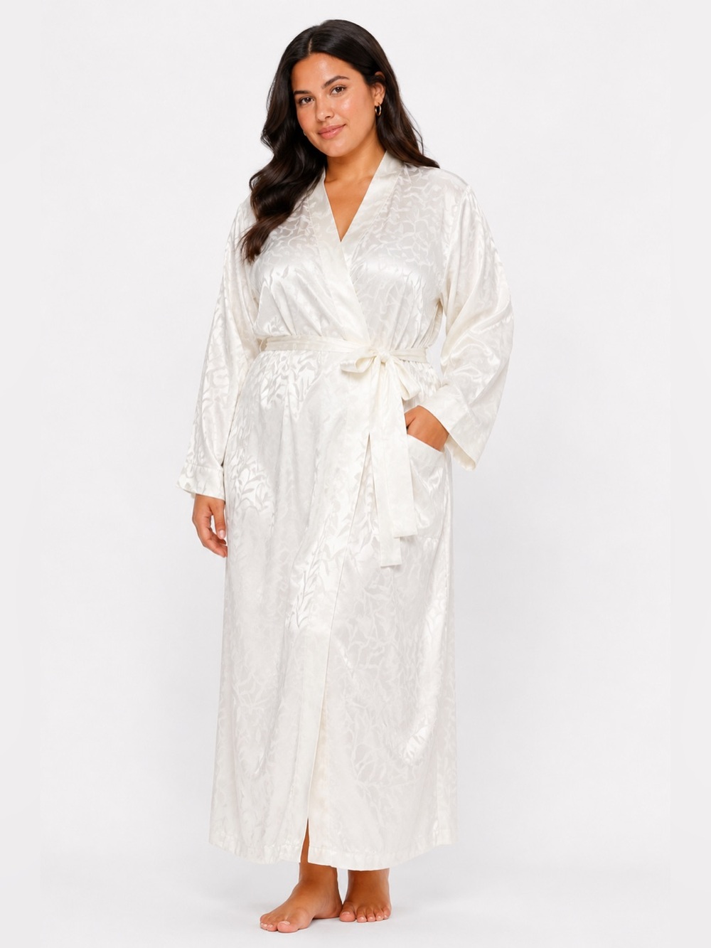 90s/Y2K European Vintage Satin Jacquard Leaf Maxi Robe (Ivory) Size UK 12/14 M/L